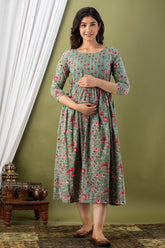 Ofably Pure Cotton Maternity Cum Feeding Kurti -Pista Green(OFMK060}