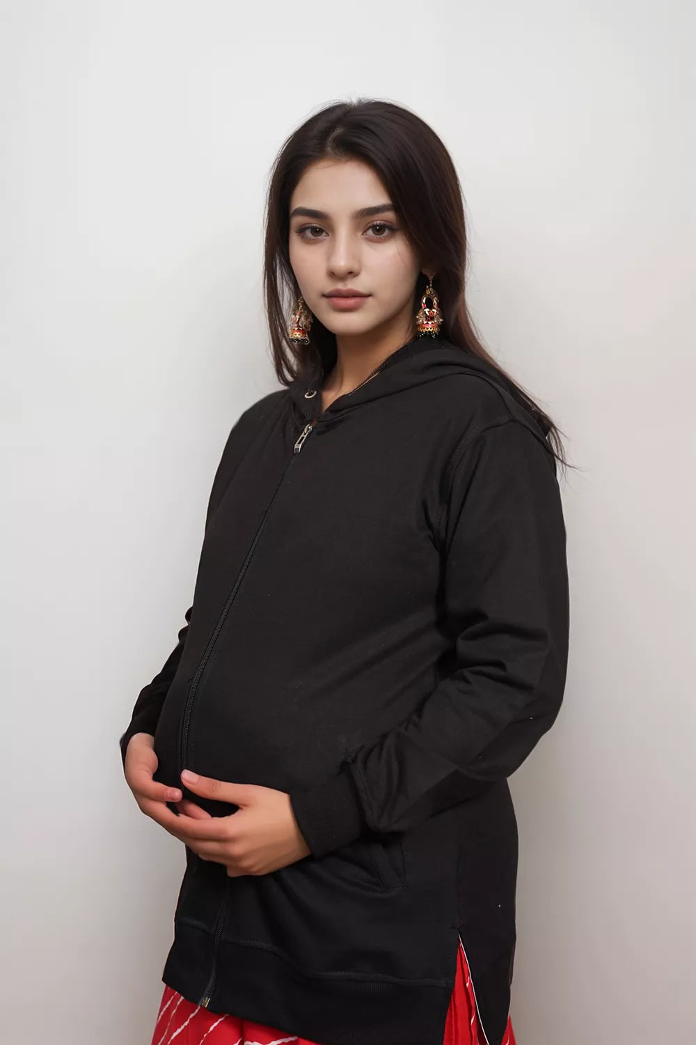 Ofably Black cotton maternity nursing zipper hoodie – product image