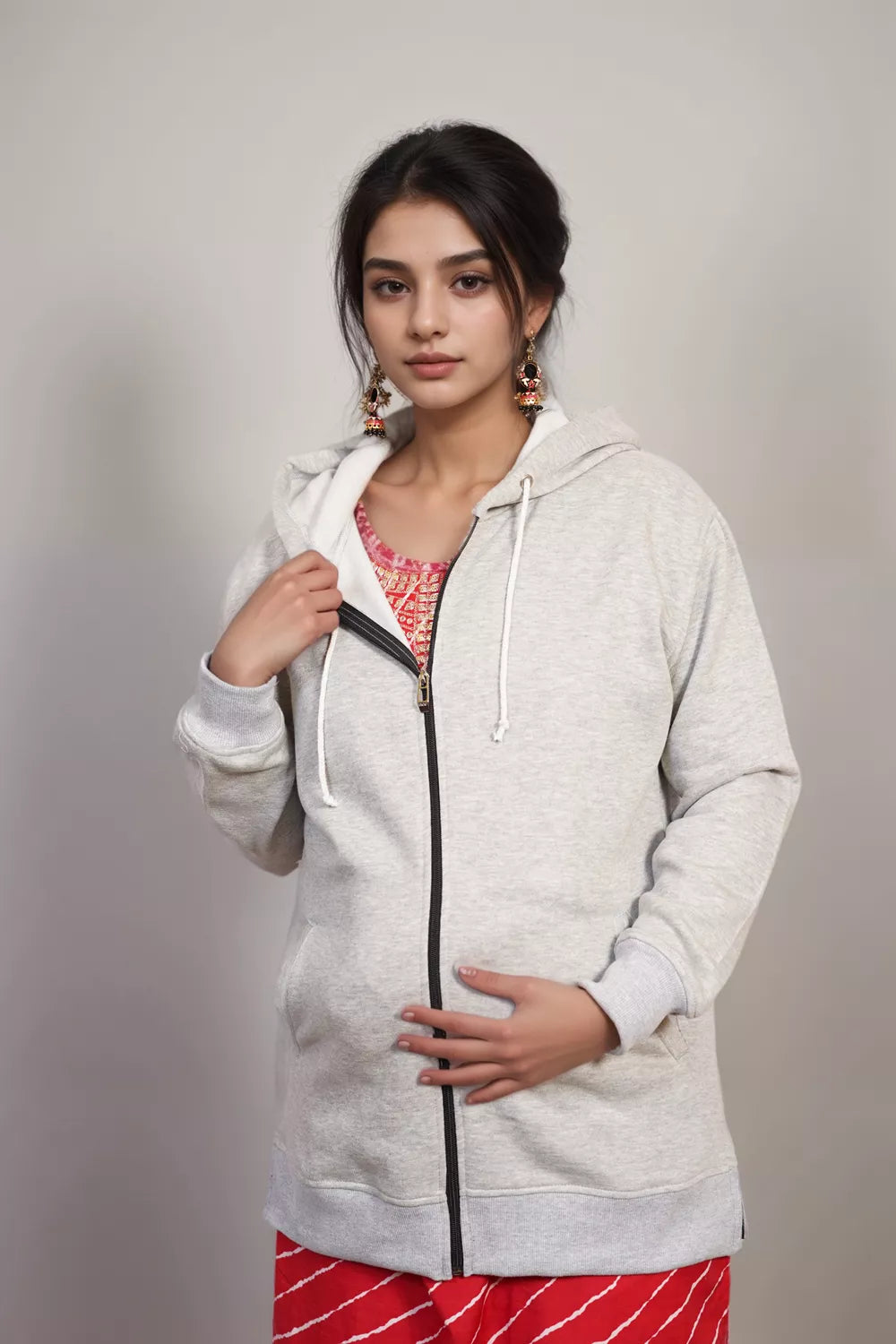 Ofably Light Grey cotton maternity nursing zipper hoodie – product image