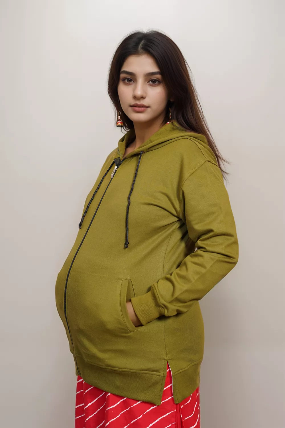 Ofably Olive Green cotton maternity nursing zipper hoodie – product image