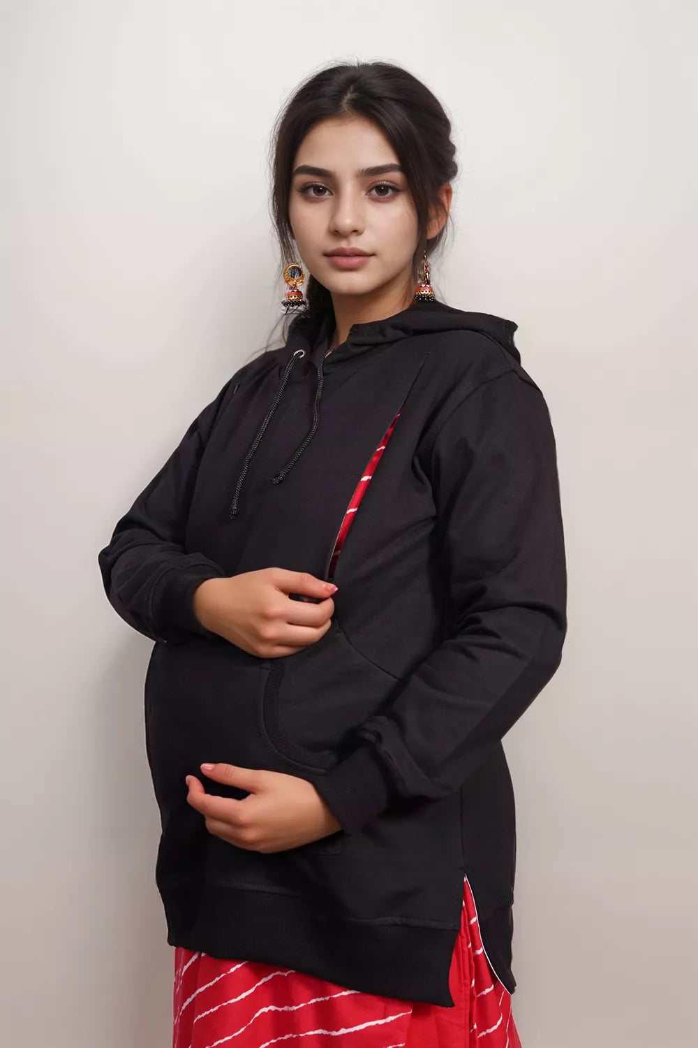 Ofably Black cotton maternity nursing hoodie – product image