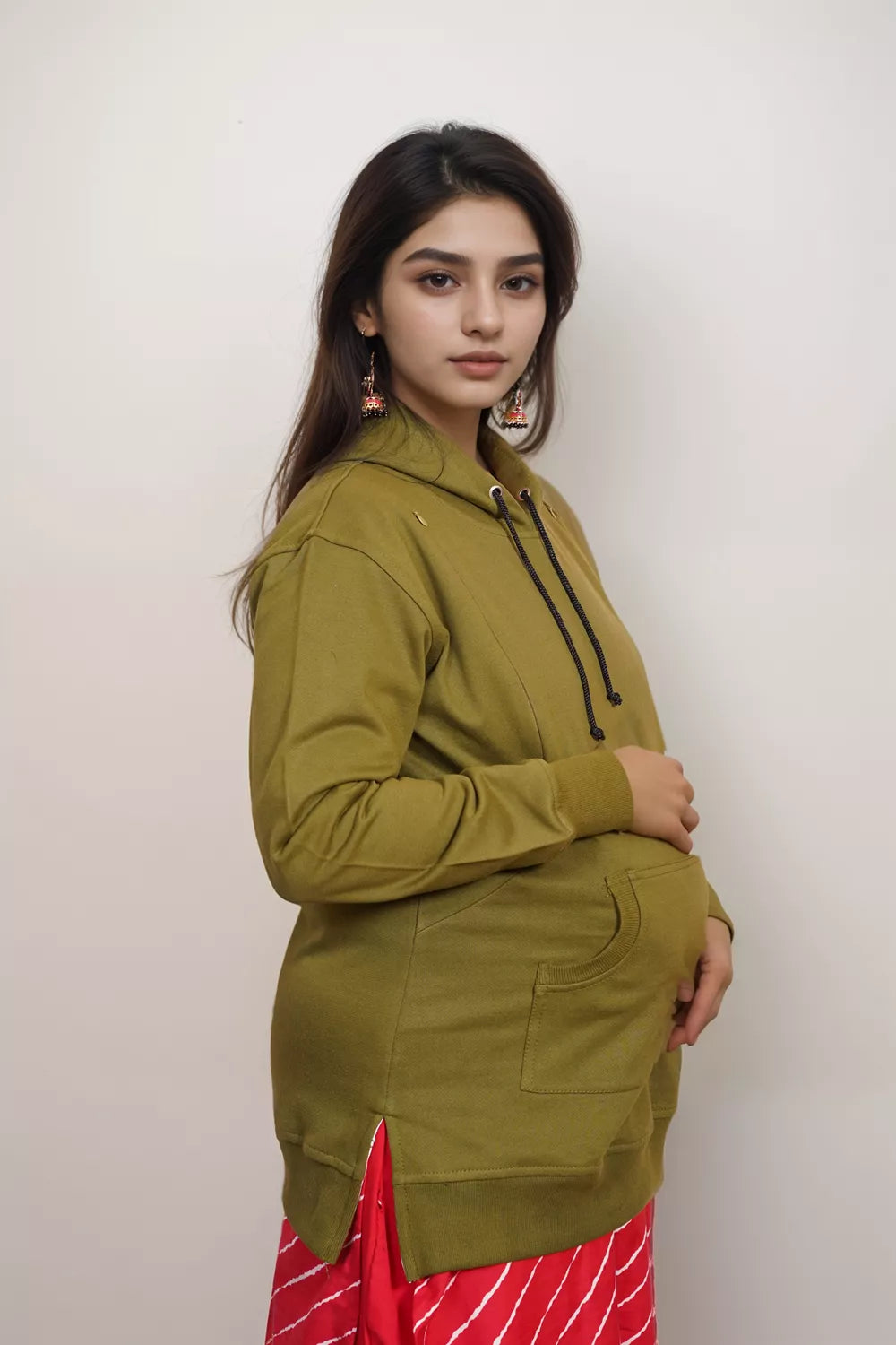 Ofably Olive Green cotton maternity nursing hoodie – product image