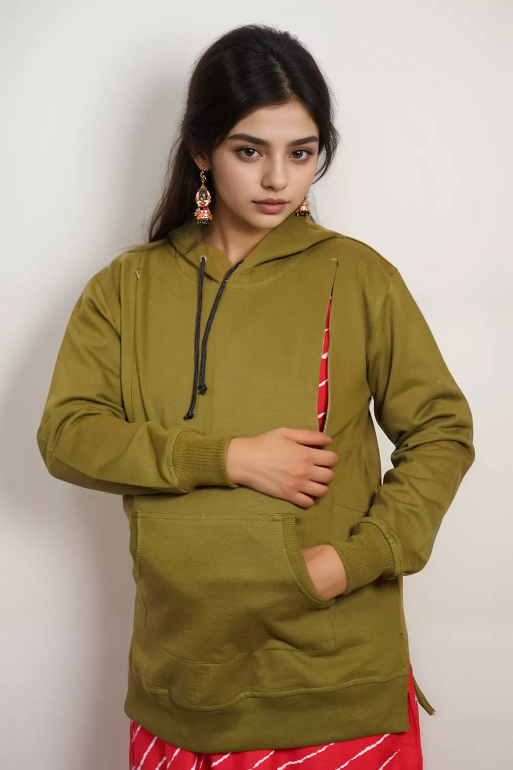 Ofably Olive Green cotton maternity nursing hoodie – product image