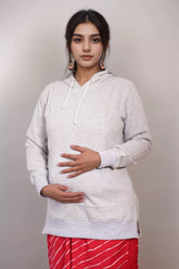 Ofably Solid Cotton Maternity Nursing Hoodie- Light Grey (OFMH0LGRYHD03)