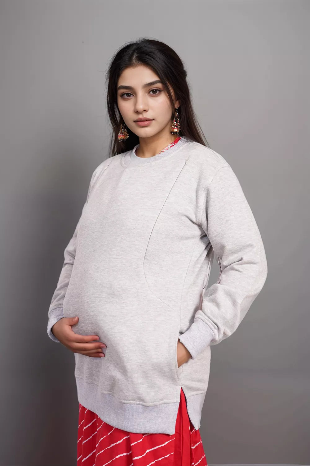 Ofably Light Grey cotton maternity nursing sweatshirt – product image