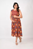 Ofably Blue and Yellow Flower Maternity Sleeveless Feeding Cotton Kurti- Brown (OFMK148)