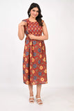Ofably Blue and Yellow Flower Maternity Sleeveless Feeding Cotton Kurti- Brown (OFMK148)