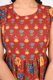 Ofably Blue and Yellow Flower Maternity Sleeveless Feeding Cotton Kurti- Brown (OFMK148)
