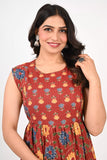 Ofably Blue and Yellow Flower Maternity Sleeveless Feeding Cotton Kurti- Brown (OFMK148)
