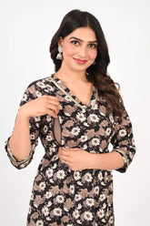 Ofably V Neck Laced Maternity Cum Feeding Cotton Kurti- Black (OFMK150)