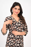 Ofably V Neck Laced Maternity Cum Feeding Cotton Kurti- Black (OFMK150)