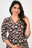 Ofably V Neck Laced Maternity Cum Feeding Cotton Kurti- Black (OFMK150)