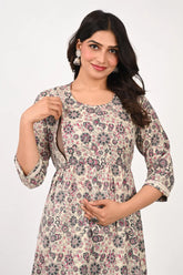Ofably Geometric Prints Maternity Cum Feeding Cotton Kurti- Off White (OFMK151)