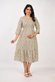 Ofably V Neck Green Leaf Maternity Cum Feeding Cotton Kurti- Cream (OFMK152)