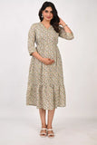 Ofably V Neck Green Leaf Maternity Cum Feeding Cotton Kurti- Cream (OFMK152)