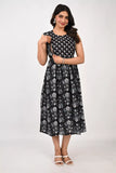Ofably White Flower Maternity Sleeveless Feeding Cotton Kurti- Black (OFMK153)