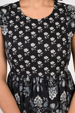 Ofably White Flower Maternity Sleeveless Feeding Cotton Kurti- Black (OFMK153)