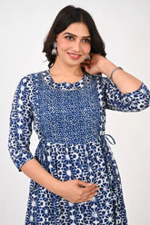 Ofably Blue Flower Maternity Cum Feeding Cotton Kurti- White (OFMK154)