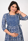 Ofably Blue Flower Maternity Cum Feeding Cotton Kurti- White (OFMK154)
