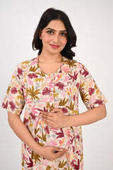 Ofably Flower with Animal Print Maternity Maxi Button Feeding -Cream (OFMX010)