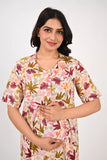 Ofably Flower with Animal Print Maternity Maxi Button Feeding -Cream (OFMX010)