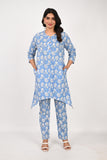 Ofably White Flower Cotton Maternity Co-ord Set- Sky Blue (OFMCORD06)