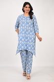 Ofably White Flower Cotton Maternity Co-ord Set- Sky Blue (OFMCORD06)