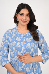 Ofably White Flower Cotton Maternity Co-ord Set- Sky Blue (OFMCORD06)