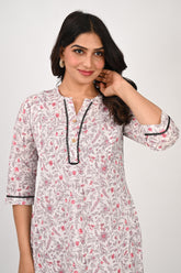 Ofably Flower Print Cotton Maternity Co-ord Set- White with Black Lace (OFMCORD08)