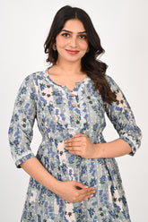 Ofably Flower Print Cotton Maternity Co-ord Set- Light Grey with White Lace (OFMCORD09)