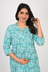 Ofably White Flower Cotton Maternity Co-ord Set- Light Blue (OFMCORD010)