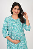 Ofably White Flower Cotton Maternity Co-ord Set- Light Blue (OFMCORD010)