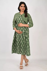 Ofably Maternity Feeding Cotton Kurti With Jacket (Vest)- Green(OFMK156)