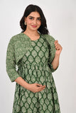 Ofably Maternity Feeding Cotton Kurti With Jacket (Vest)- Green(OFMK156)