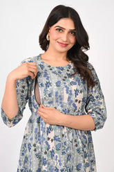 Ofably Blue Floral Maternity Cum Feeding Cotton Kurti- Grey (OFMK157)