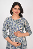 Ofably Blue Floral Maternity Cum Feeding Cotton Kurti- Grey (OFMK157)