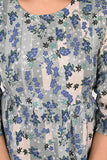 Ofably Blue Floral Maternity Cum Feeding Cotton Kurti- Grey (OFMK157)