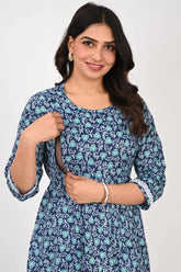 Ofably Aqua Leaf Maternity Feeding Khatta Cotton Kurti- Navy Blue (OFMK158)