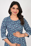Ofably Aqua Leaf Maternity Feeding Khatta Cotton Kurti- Navy Blue (OFMK158)