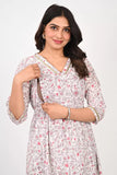 Ofably V Neck Red Leaf Maternity Cum Feeding Cotton Kurti- White (OFMK159)