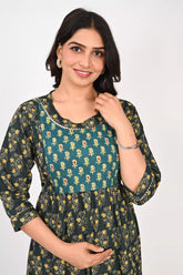 Ofably Maternity Feeding Cotton Contrast Kurti- Dark Green (OFMK164)