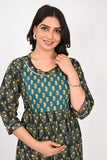 Ofably Maternity Feeding Cotton Contrast Kurti- Dark Green (OFMK164)