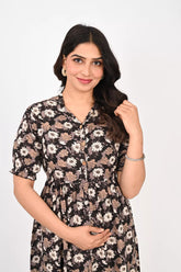 Ofably Maternity Button Feeding Elegant Cotton Dress- Black (OFMK165)