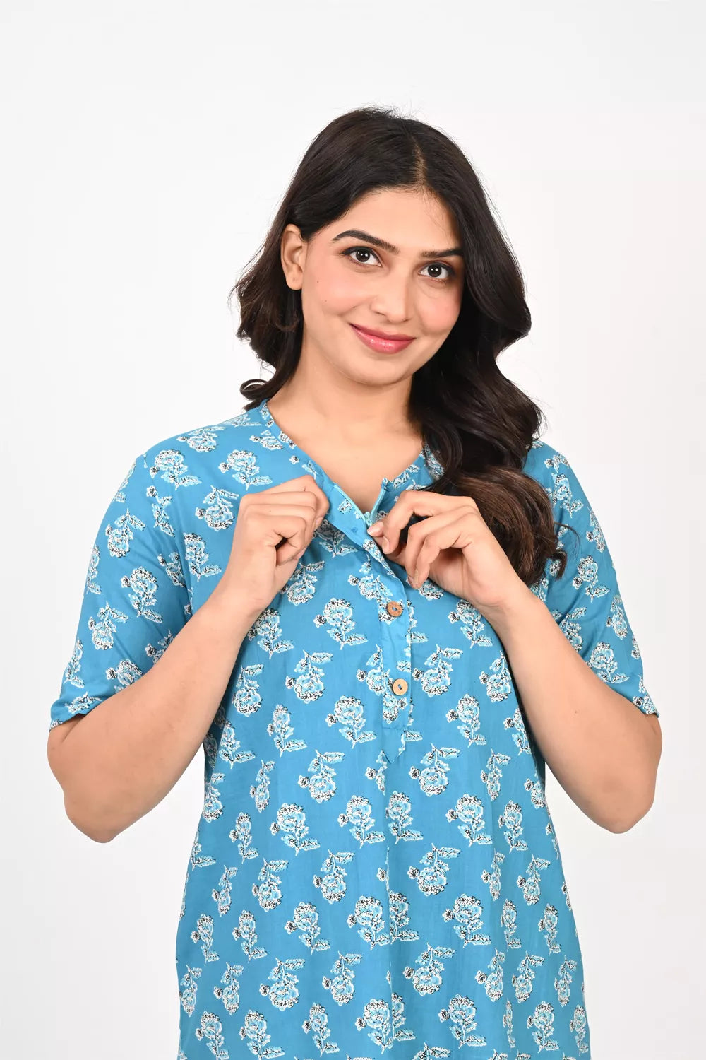 Ofably Light Blue floral maternity maxi with front-button feeding access – product image