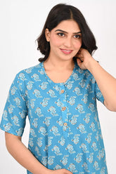 Ofably Flower Maternity Maxi Button Feeding -Light Blue (OFMX009)