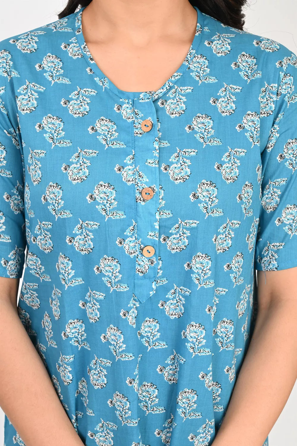 Ofably Light Blue floral maternity maxi with front-button feeding access – product image