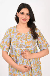 Ofably Flower Maternity Maxi Button Feeding -Light Grey (OFMX007)