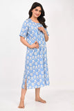 Ofably Printed Maternity Maxi Invisible Chain Feeding -Light Blue (OFMX005)