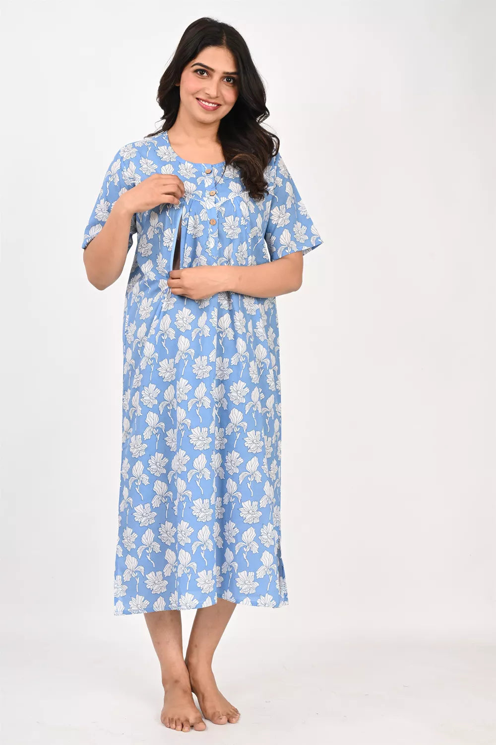 Ofably Light Blue printed maternity maxi with invisible-chain nursing access – product image