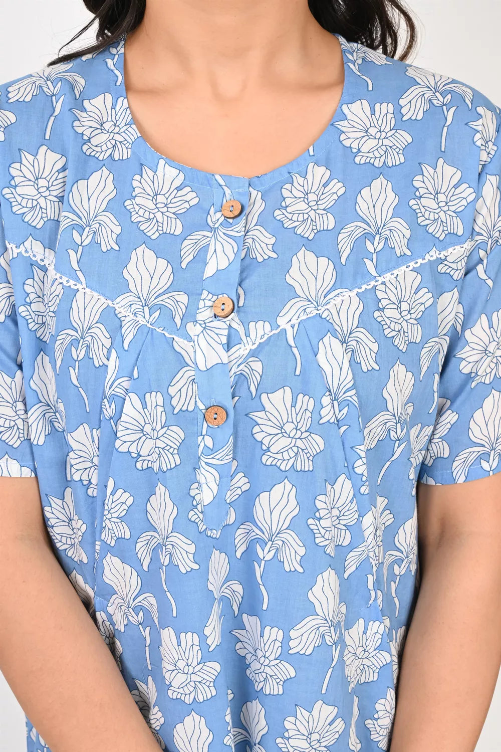 Ofably Light Blue printed maternity maxi with invisible-chain nursing access – product image